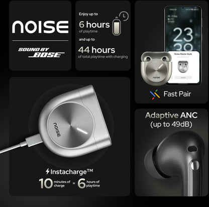 Noise Master Buds, Sound by Bose in-Ear Bluetooth Earbuds, Up to 49dB Adaptive ANC, LHDC 5.0, Immersive Spatial Audio, 44H Playtime with 6 mic ENC, Dual Pairing, IPX5 Ear Buds TWS